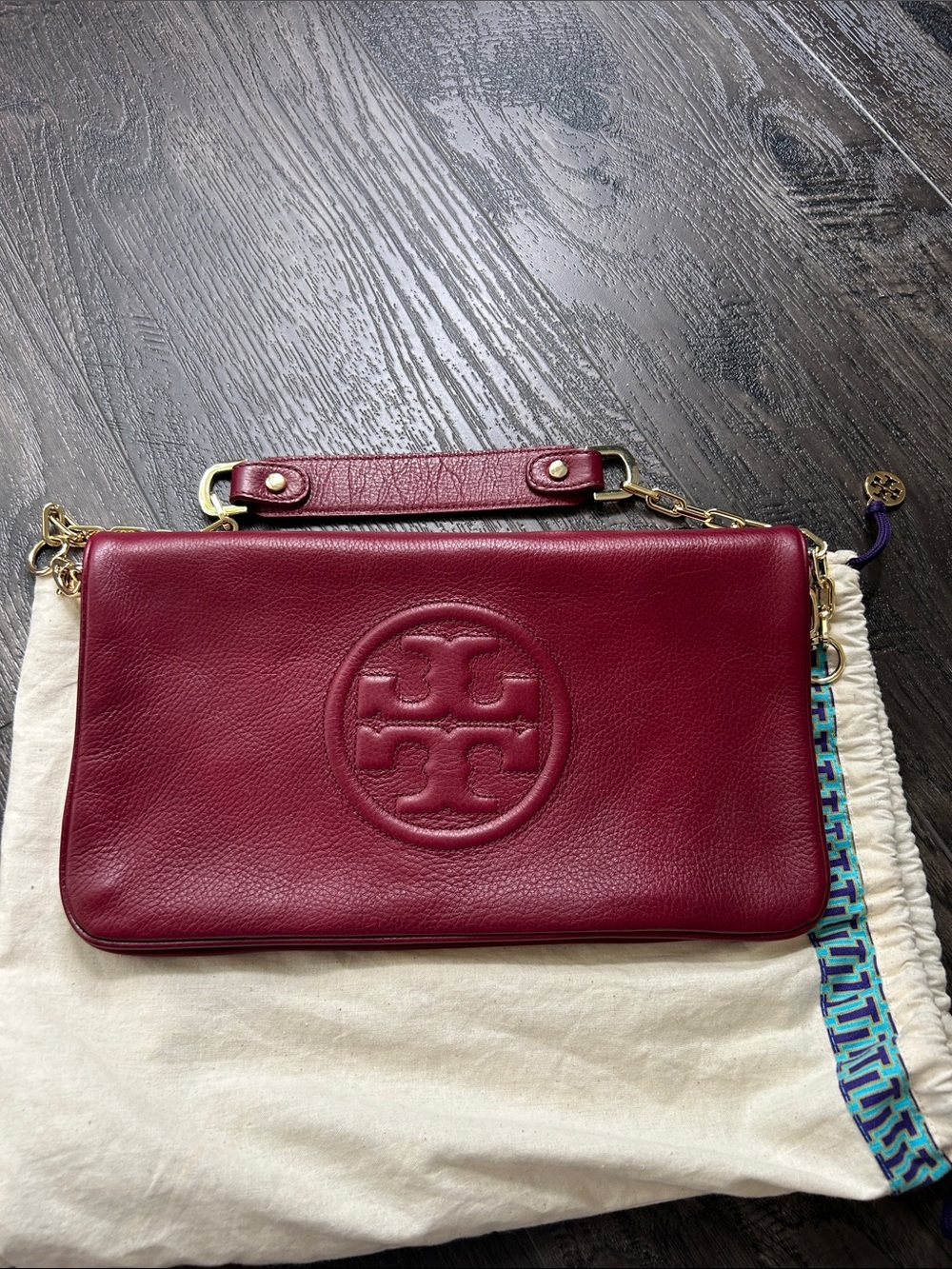 Tory Burch Wine Red Leather Logo Wristlet